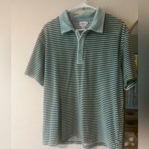 Calvin Klein Short Sleeve Light Blue Button Down w/ Olive Green stripes 
Size L
